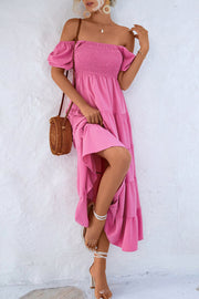 Smocked Off Shoulder Bubble Sleeve Slit Dress