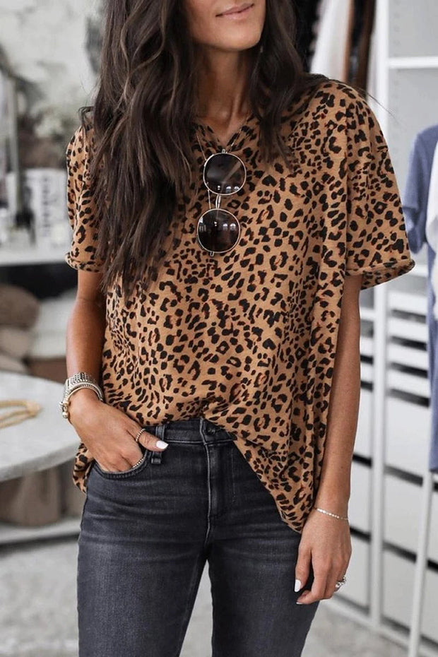 O Neck Daily Basic Leopard Print Brown T-shirt