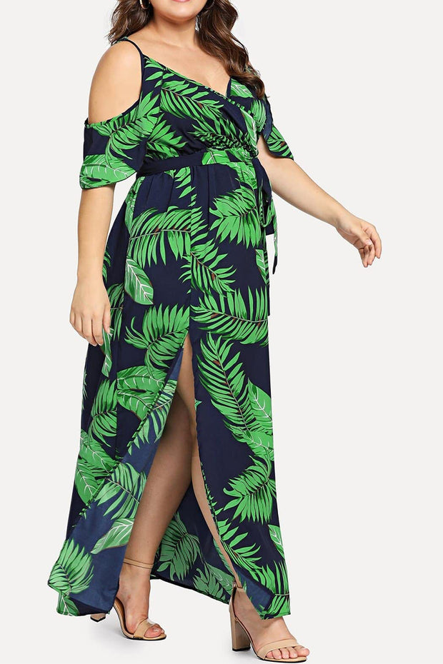 Women Plus Size Cold Shoulder Floral Maxi Bohemian Split Dress