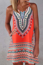 Tribal Print Spaghetti Strap Casual Wear Midi Dress