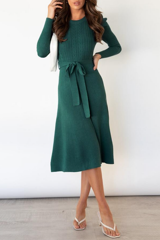 Puff Long Sleeve Belted Knit Sweater Dress