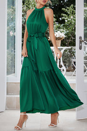 Elegant Solid Halter Neck Lace-up Maxi Dress