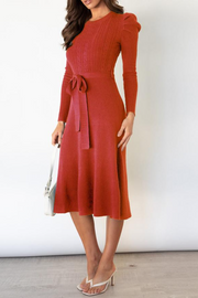 Puff Long Sleeve Belted Knit Sweater Dress