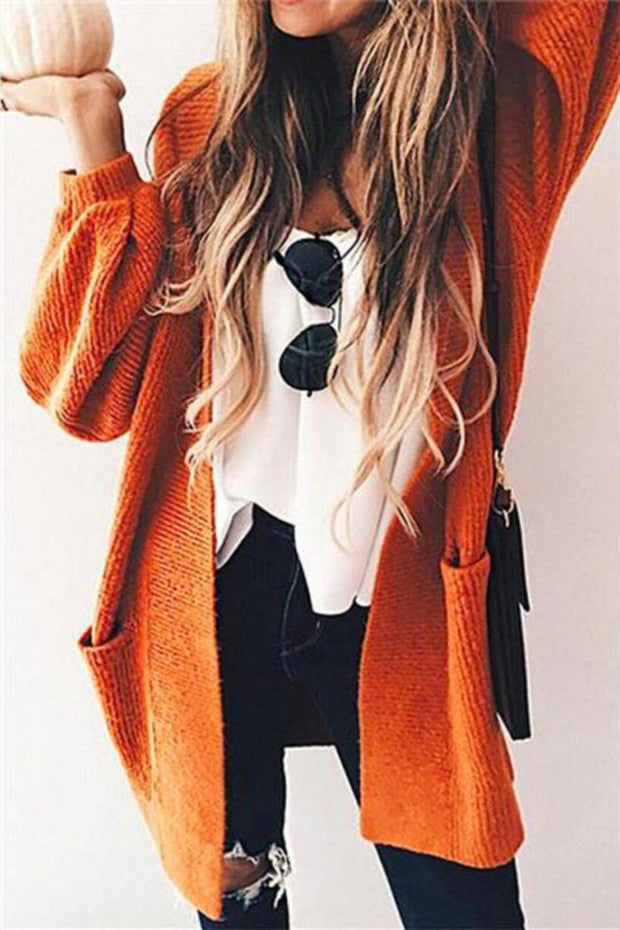 Pumpkin Color Lantern Sleeve Long Knitted Cardigan