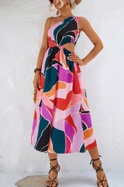 Print One Shoulder Waist Cutout Midi Dress