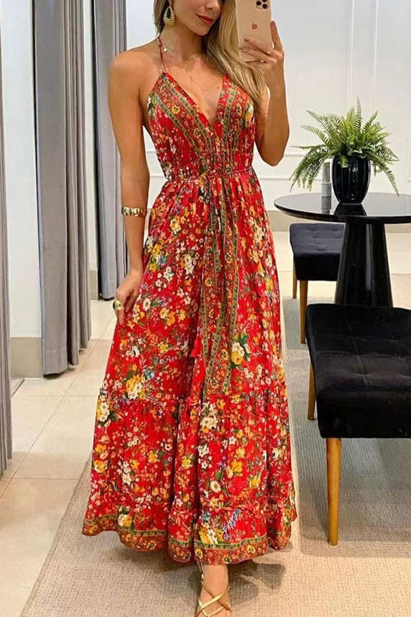 Printed Backless Vacation Maxi Dress