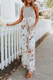 Striped Floral Print Patchwork White Maxi Dress