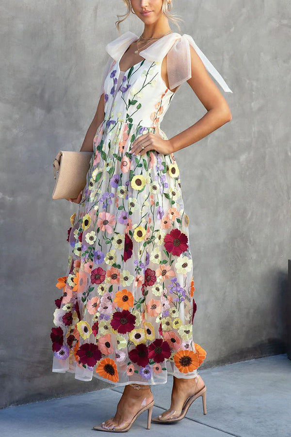 Summertime Blooms Floral Applique Adjustable Shoulder Tie Midi Dress