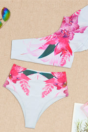 Flounce Design One Shoulder Floral Print Two Pieces Swimsuit