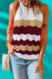 O Neck Sleeveless Hollow Out Color Stripes Knit Vest