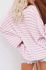 Oversized Stripe V Neck Puff Sleeve Sweater