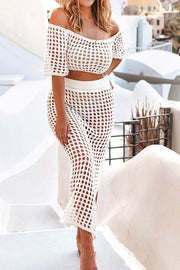 Crochet Hollow Out Off Shoulder Top Slit Skirt Cover Up Set