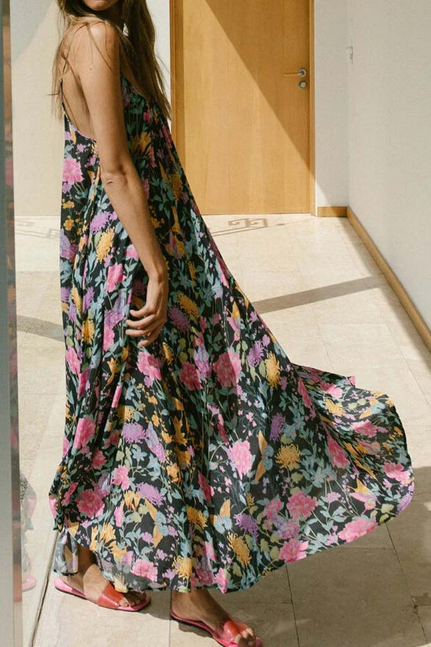 Flowy Floral Printed V Neck Summer Beach Slip Maxi Dress