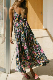 Flowy Floral Printed V Neck Summer Beach Slip Maxi Dress