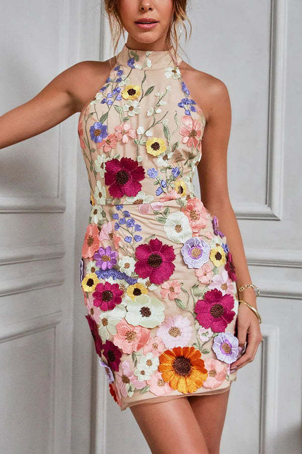 Floral Applique Halter Mini Dress