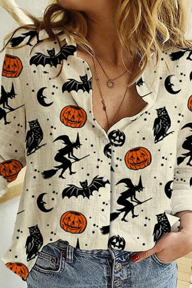 Print Lapel Long Sleeves Button Up Casual Halloween Shirt Blouses