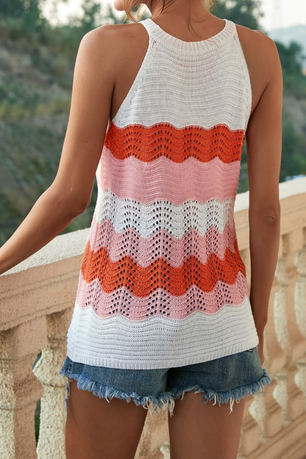 O Neck Sleeveless Hollow Out Color Stripes Knit Vest