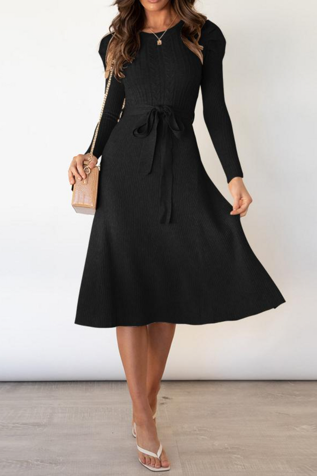 Puff Long Sleeve Belted Knit Sweater Dress