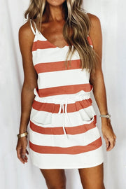 Striped Color Block Tie Pocket Spaghetti Strap Mini Dress