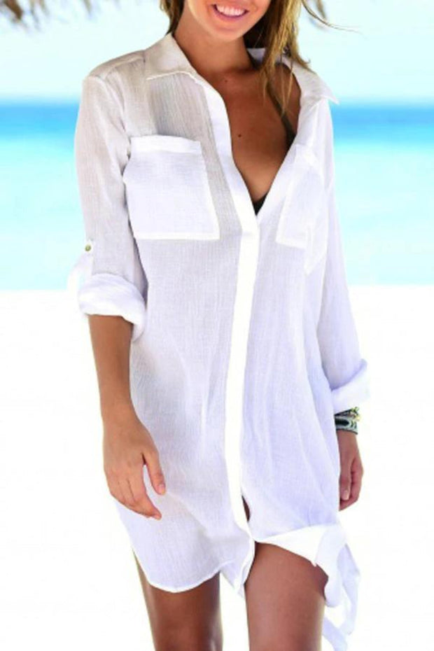 Solid Color Roll Up Sleeve Swimsuit Cover Up