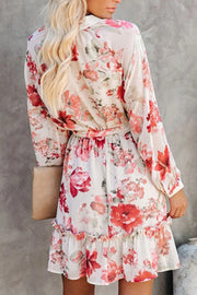 O  Neck Floral  Printed  Long-sleeved  Mini  Dress