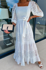 Crochet Lace Patchwork Belted Puff Sleeve Maxi Dress