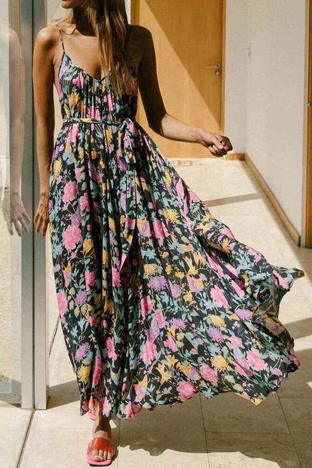 Flowy Floral Printed V Neck Summer Beach Slip Maxi Dress