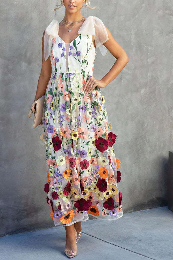 Summertime Blooms Floral Applique Adjustable Shoulder Tie Midi Dress