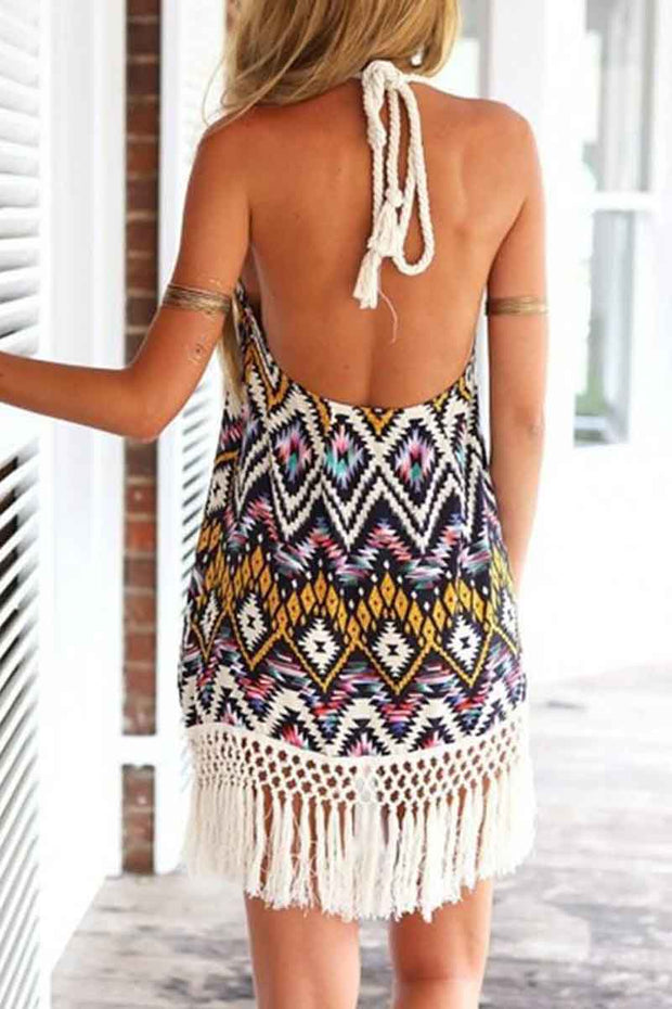 Tribal Printed Halter Neck Fringed Mini Dress