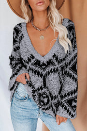 Oversized Geometric Print V Neck Sweater