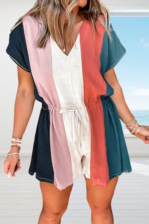 Linen Color Block Casual Romper