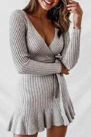 Solid Ribbed V-Neck Casual Long Sweater Dress(2 Colors)