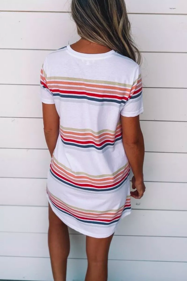 Basic O Neck Striped White Mini Dress