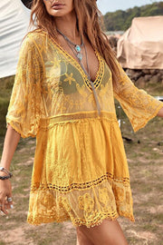 Lace Embroidered Patchwork V Neck Cover up