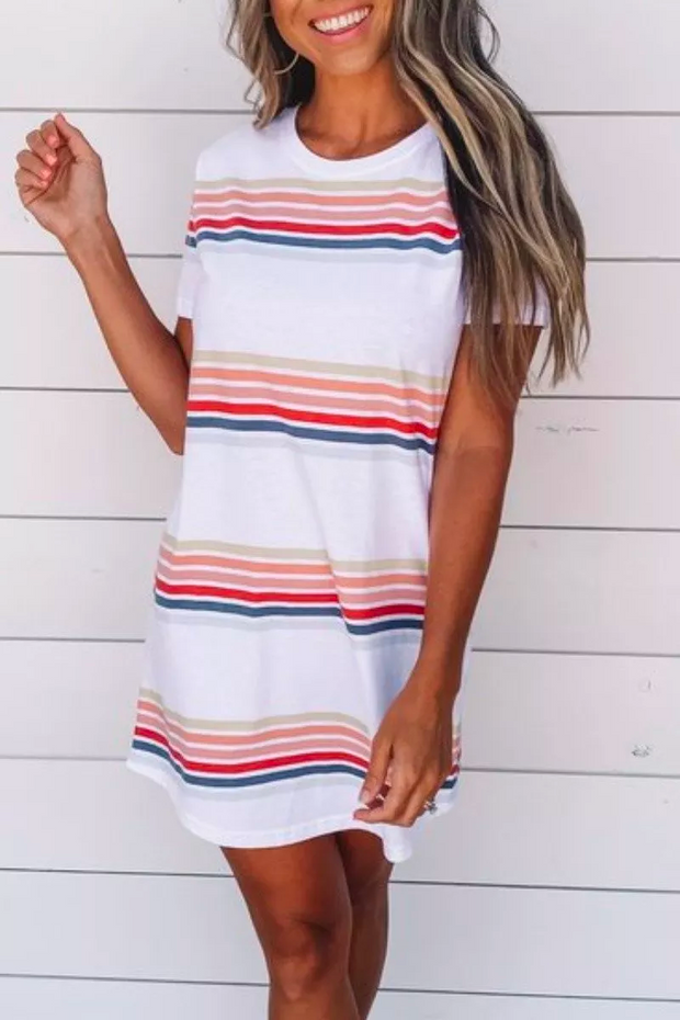 Basic O Neck Striped White Mini Dress