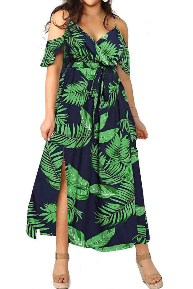 Women Plus Size Cold Shoulder Floral Maxi Bohemian Split Dress