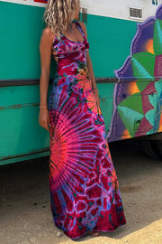 Tie-dye Print Back Lace-up Stretch Maxi Dress