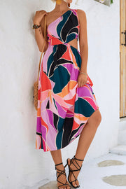 Print One Shoulder Waist Cutout Midi Dress