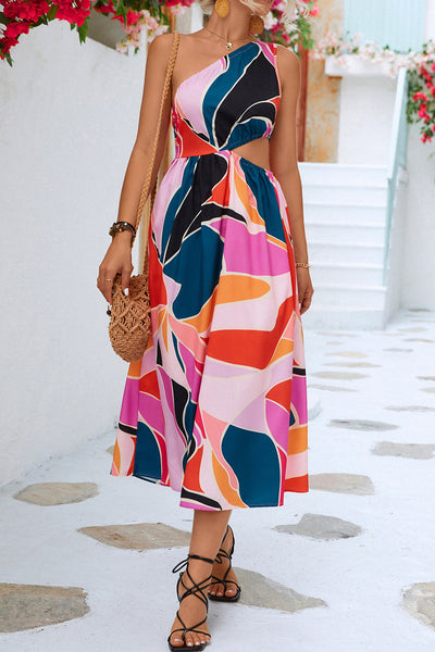 Print One Shoulder Waist Cutout Midi Dress