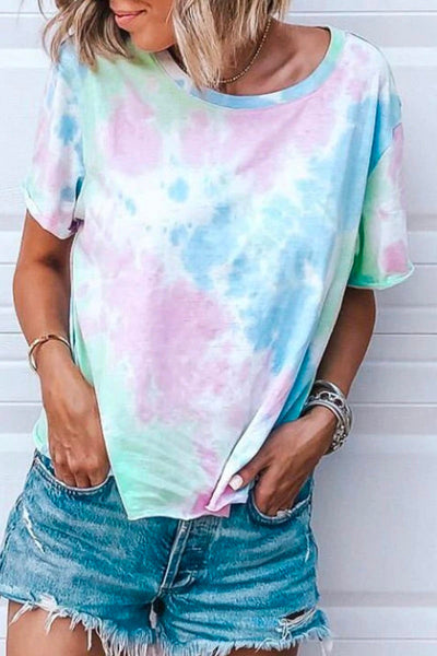 O Neck Daily Loose Tie-dye Blue T-shirt