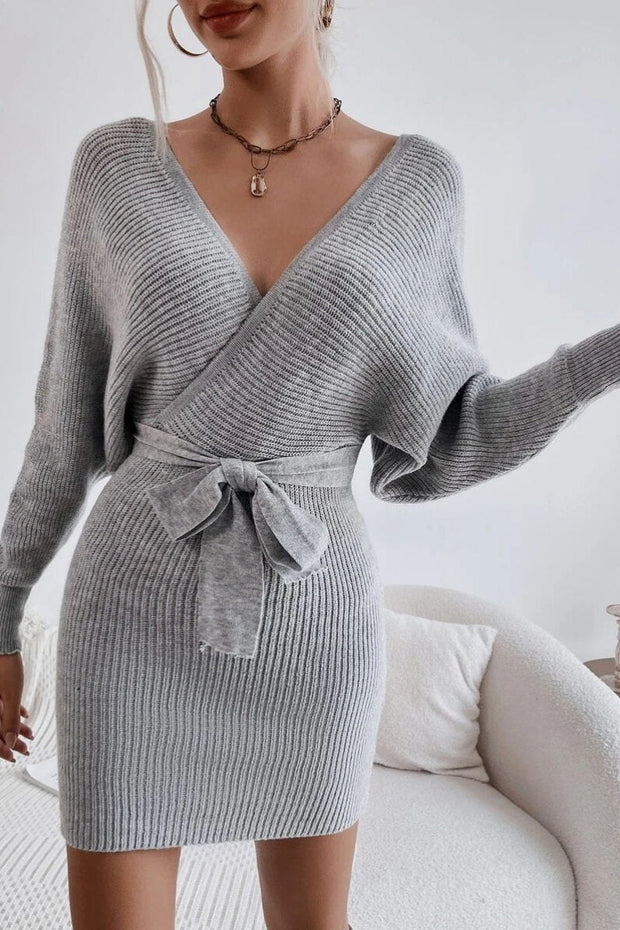 Wrap Batwing Sleeve Belted Cut Out Backless Sweater Dress