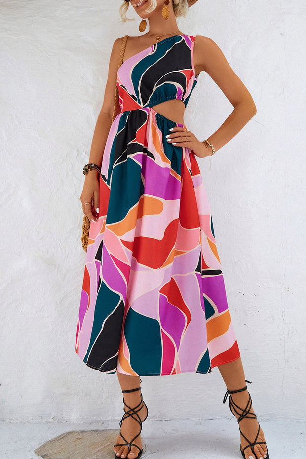 Print One Shoulder Waist Cutout Midi Dress