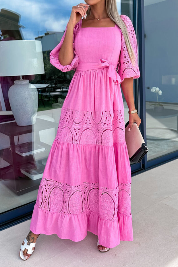 Crochet Lace Patchwork Belted Puff Sleeve Maxi Dress