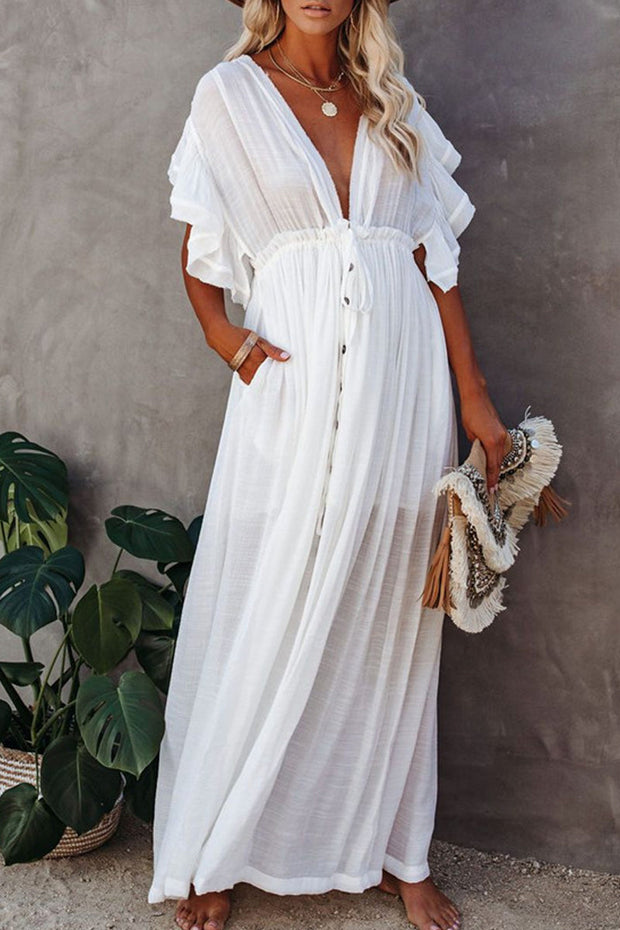 Bohemian Flowy Button-Up Open Front Maxi Cover Up