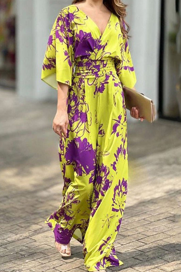 Temperament Elegant Printing Loose Bat Sleeve High Waist Jumpsuit